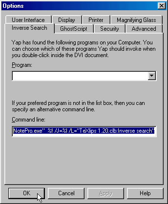 Setting the "Inverse search" command line in YAP