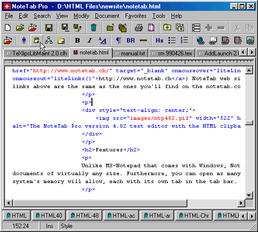 The NoteTab Pro version 4.82 text editor with the HTML clipbar...